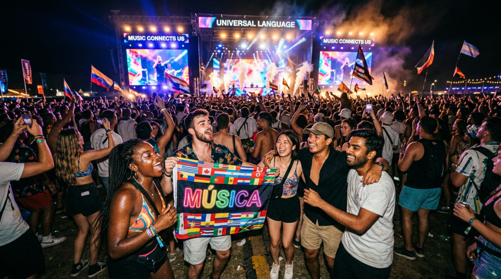 Multitud en concierto con banderas y cartel que dice «MÚSICA»; escenario con «UNIVERSAL LANGUAGE» y «MUSIC CONNECTS US».