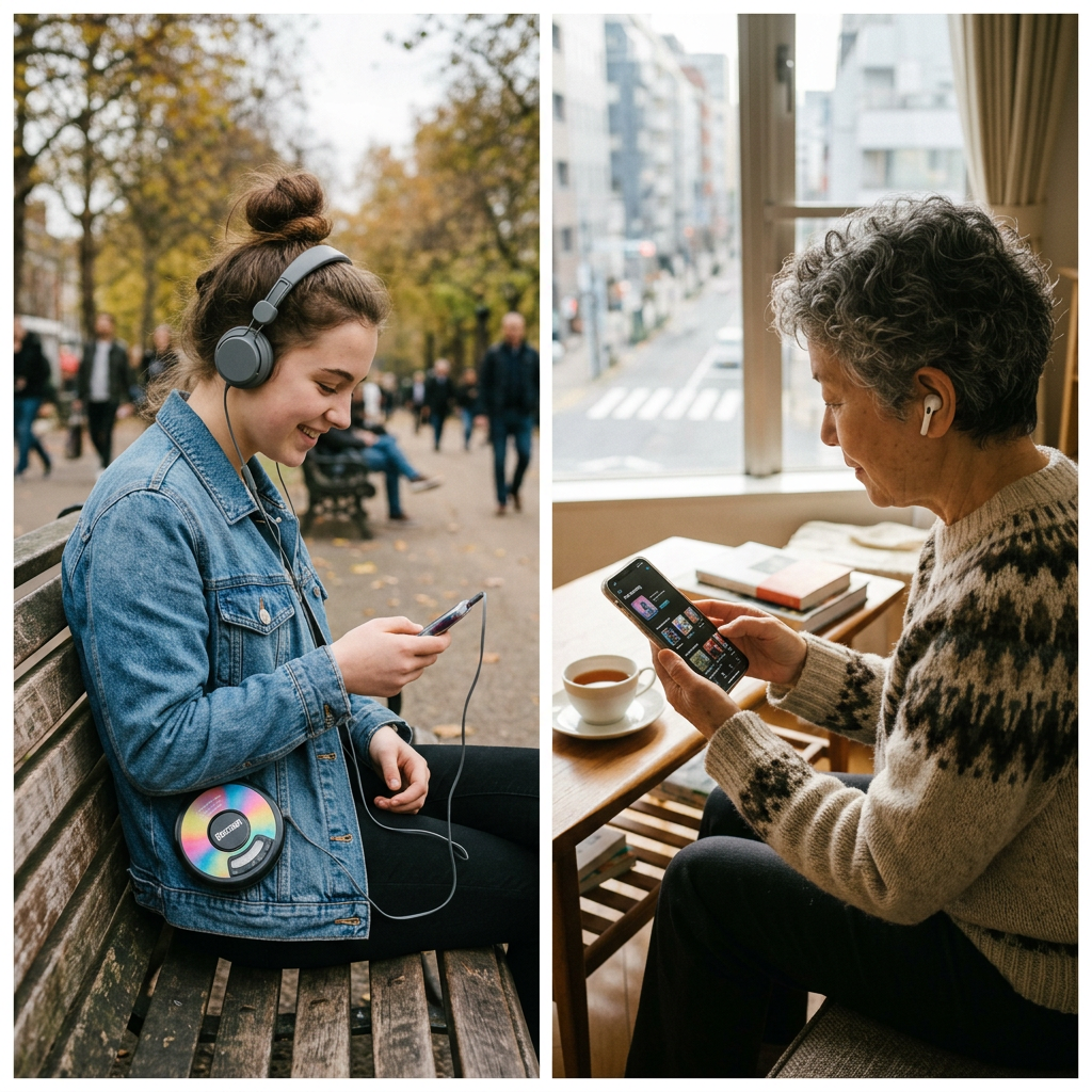 Joven con auriculares y mujer mayor usando un teléfono para escuchar música