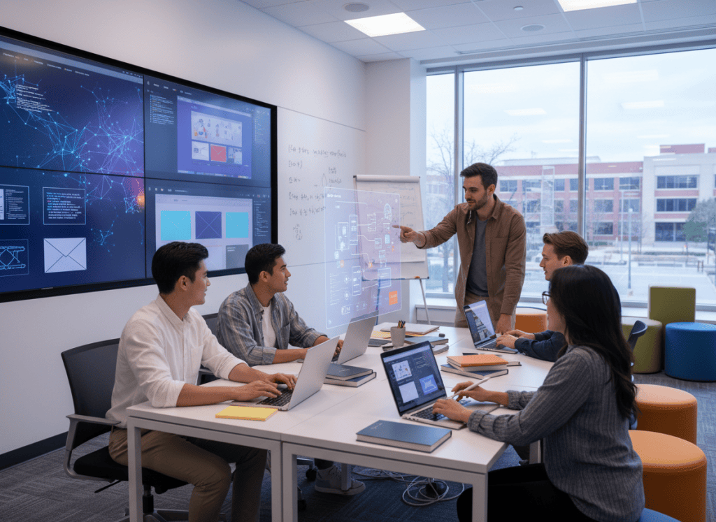 Imagen destacada editorial y moderna sobre el uso de la inteligencia artificial en el entorno universitario para crear páginas web: estudiantes universitarios trabajando juntos frente a pantallas con interfaces web, elementos visuales sutiles de IA, diseño digital y aprendizaje, ambiente académico luminoso, composición profesional, inclusiva y tecnológica, sin texto ni logotipos.