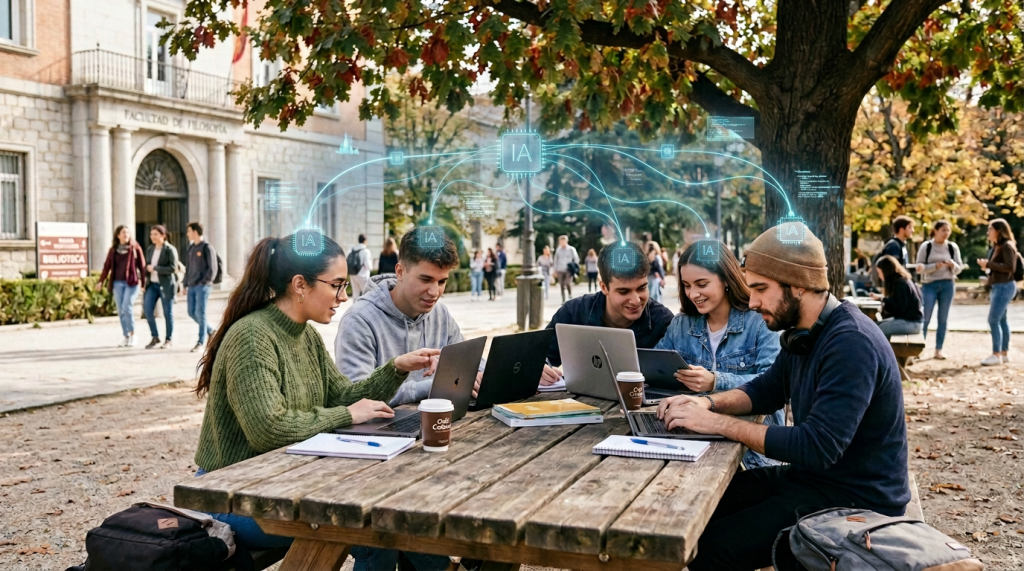 Cinco estudiantes colaboran con computadoras en un campus; texto: "Cinco estudiantes de la Universidad Complutense colaboran en un proyecto de investigación en el campus de Filosofía, explorando la intersección de la ética y la tecnología"; edificio rotulado "FACULTAD DE FILOSOFÍA" y cartel "BIBLIOTECA".